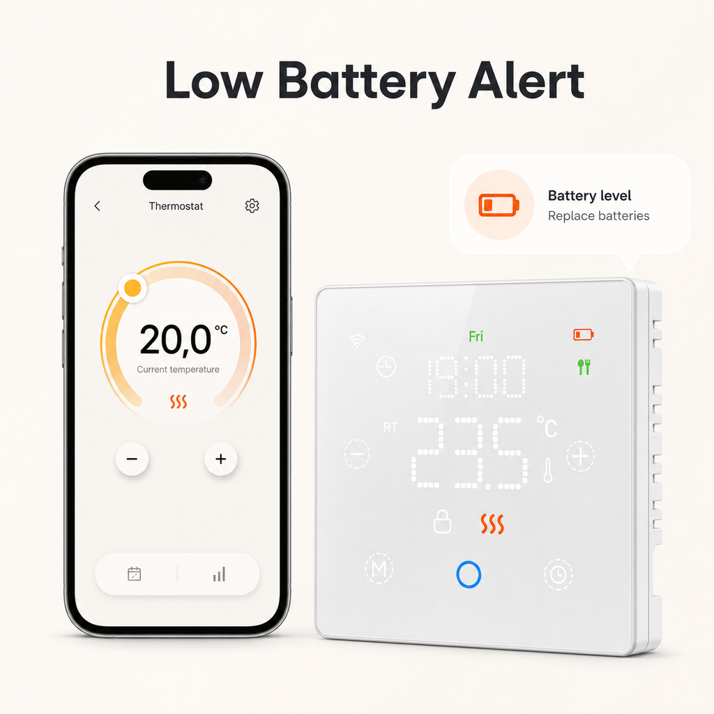 Alerte de batterie faible du thermostat sans fil NéoFree Comfort avec application mobile générique.