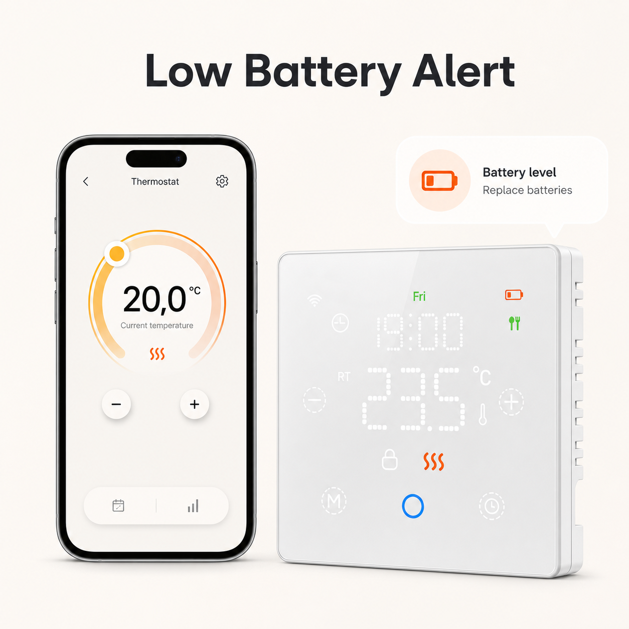 Alerte de batterie faible du thermostat sans fil NéoFree Comfort avec application mobile générique.