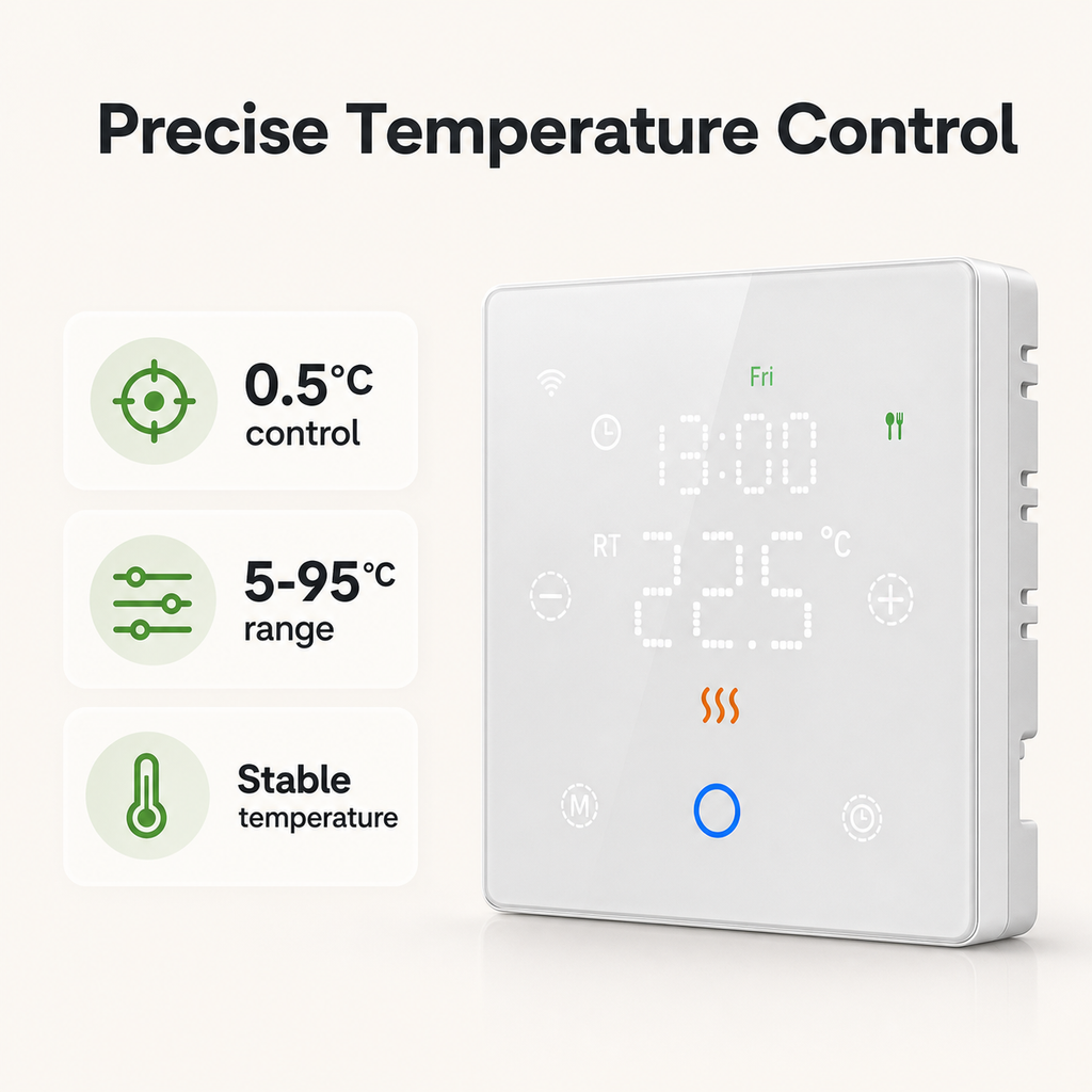 Contrôle précis de la température du thermostat sans fil NéoFree Comfort avec réglages lisibles.