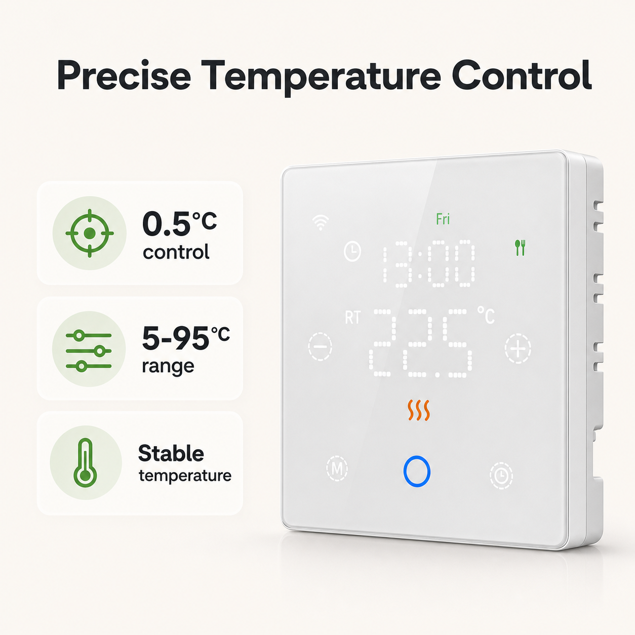 Contrôle précis de la température du thermostat sans fil NéoFree Comfort avec réglages lisibles.