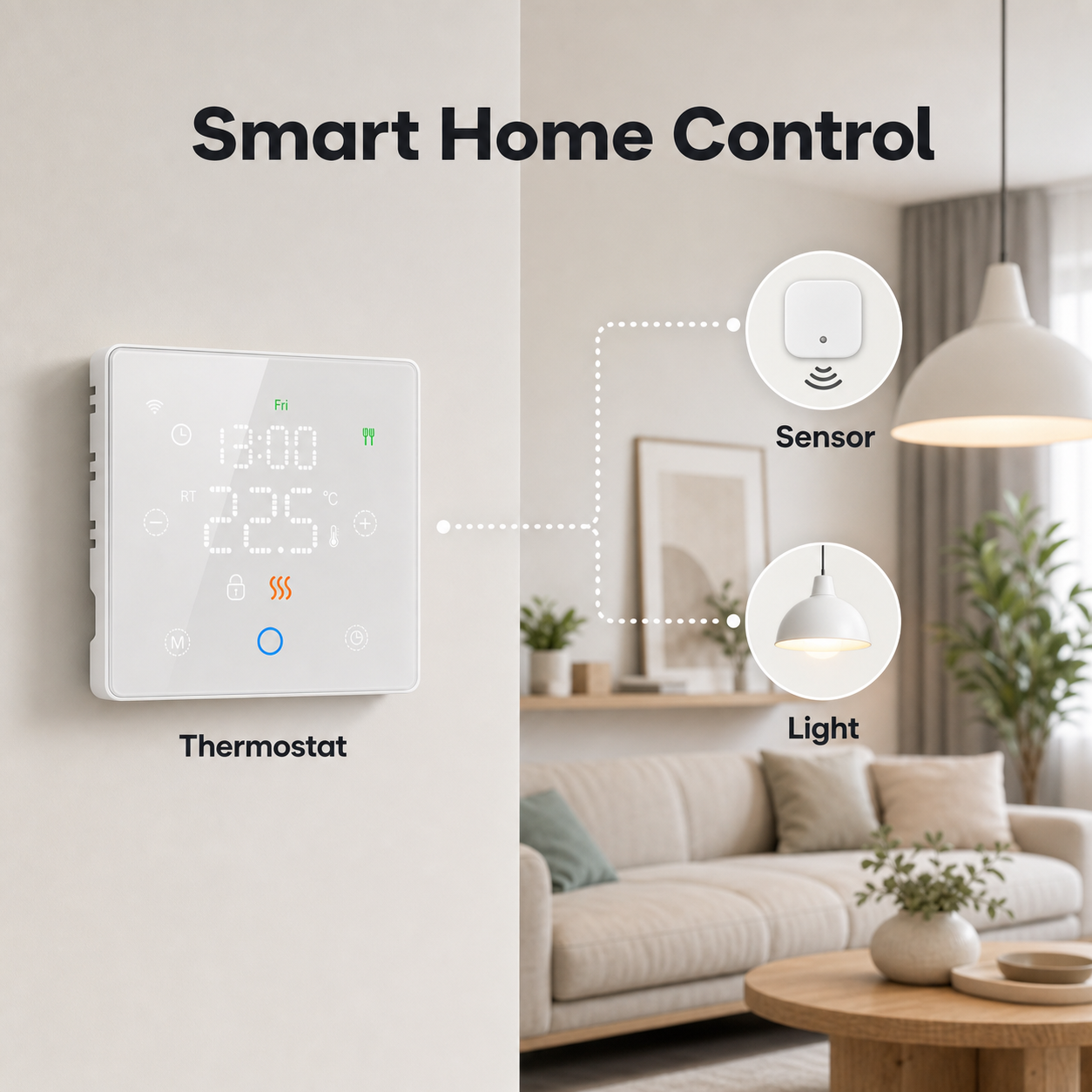 Contrôle maison connectée du thermostat sans fil NéoFree Comfort avec capteur et éclairage génériques.
