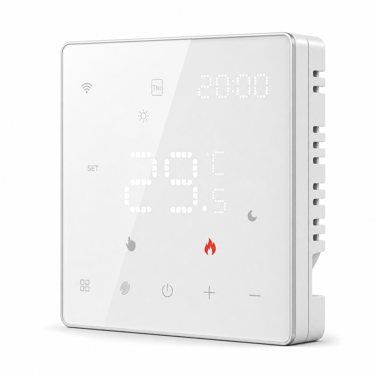 Thermostat sans fil NéoFree Comfort blanc en vue angle sur fond blanc, avec écran tactile lumineux.