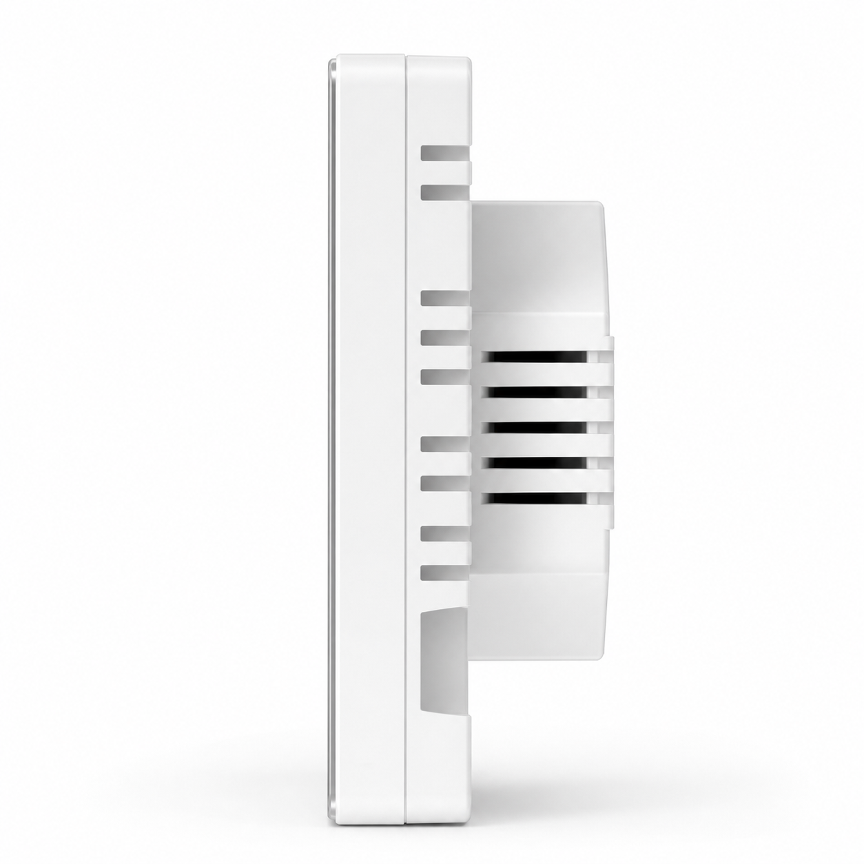 Profil latéral du thermostat sans fil NéoFree Comfort blanc sur fond blanc, avec boîtier arrière et aérations visibles.