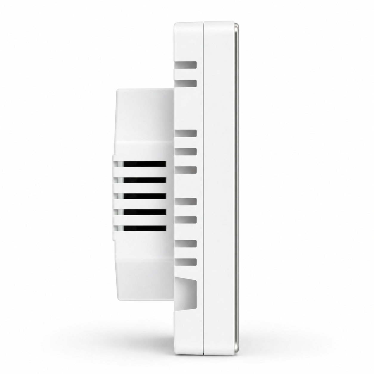 Profil opposé du thermostat sans fil NéoFree Comfort blanc sur fond blanc, avec boîtier arrière et fentes latérales visibles.