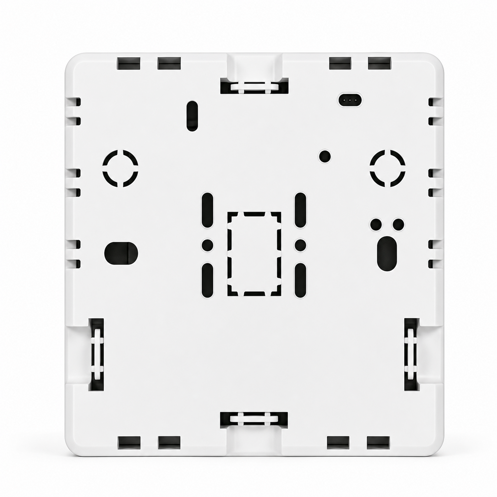 Dos du boîtier blanc du thermostat sans fil NéoFree Comfort sur fond blanc, avec encoches de fixation visibles.