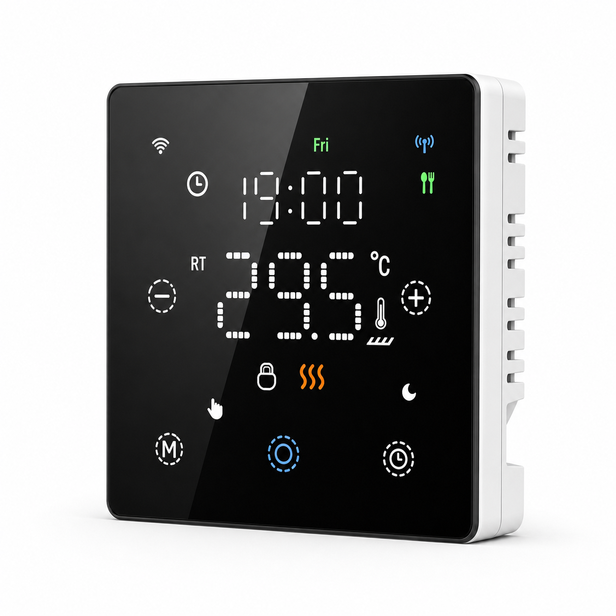 Thermostat sans fil NéoFree Comfort noir en vue angle sur fond blanc, avec écran tactile lumineux.