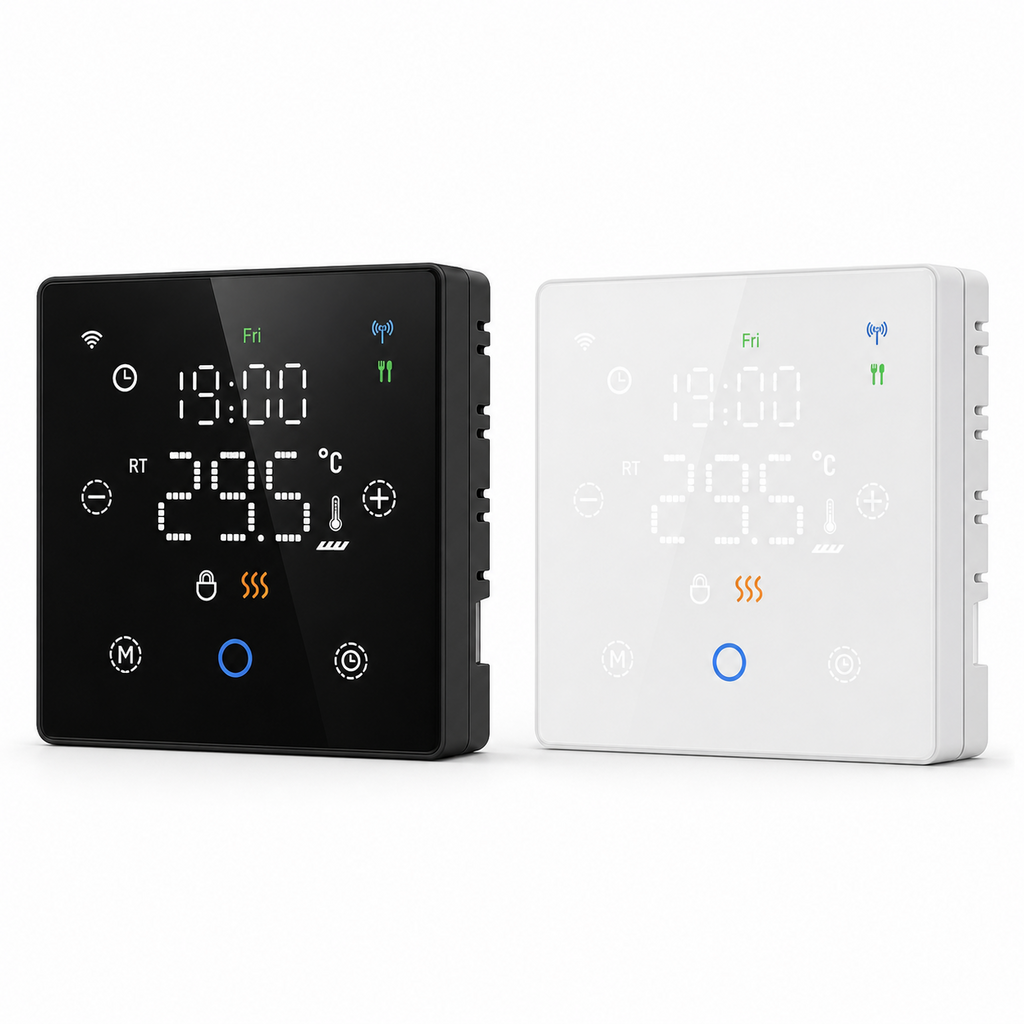 Thermostats sans fil NéoFree Comfort noir et blanc sur fond blanc, avec écran tactile lumineux.