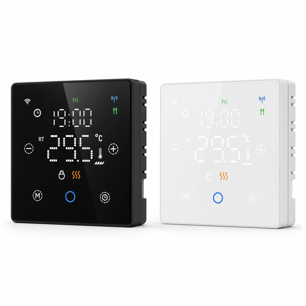 Thermostats sans fil NéoFree Comfort noir et blanc sur fond blanc, avec écran tactile lumineux.