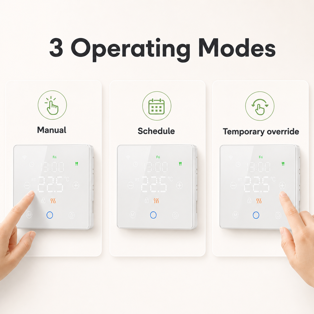 Trois modes de fonctionnement du thermostat NéoFree Comfort : manuel, programmation et dérogation temporaire.