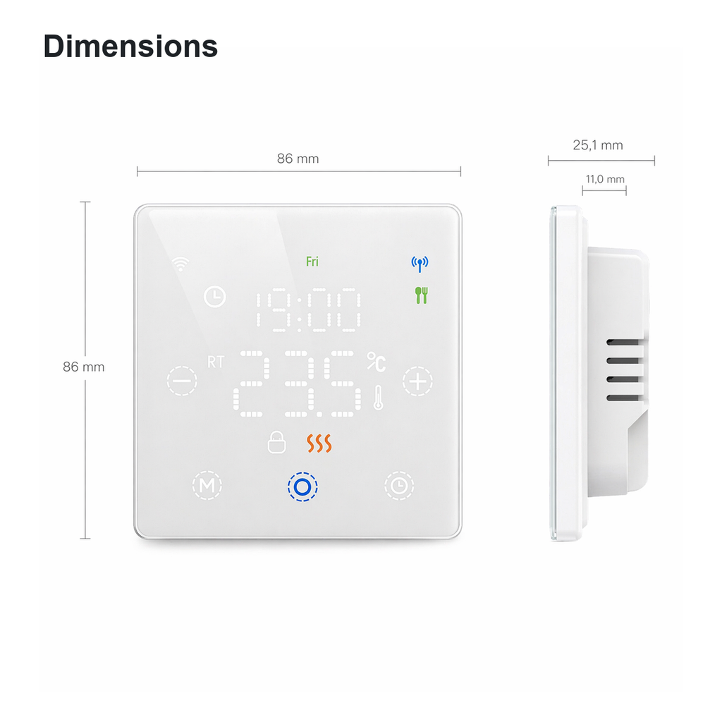Schéma des dimensions du thermostat sans fil NéoFree Comfort blanc avec vue de face et profil.