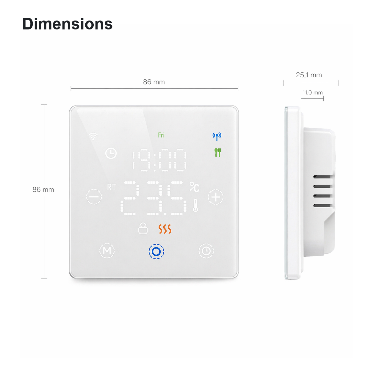 Schéma des dimensions du thermostat sans fil NéoFree Comfort blanc avec vue de face et profil.