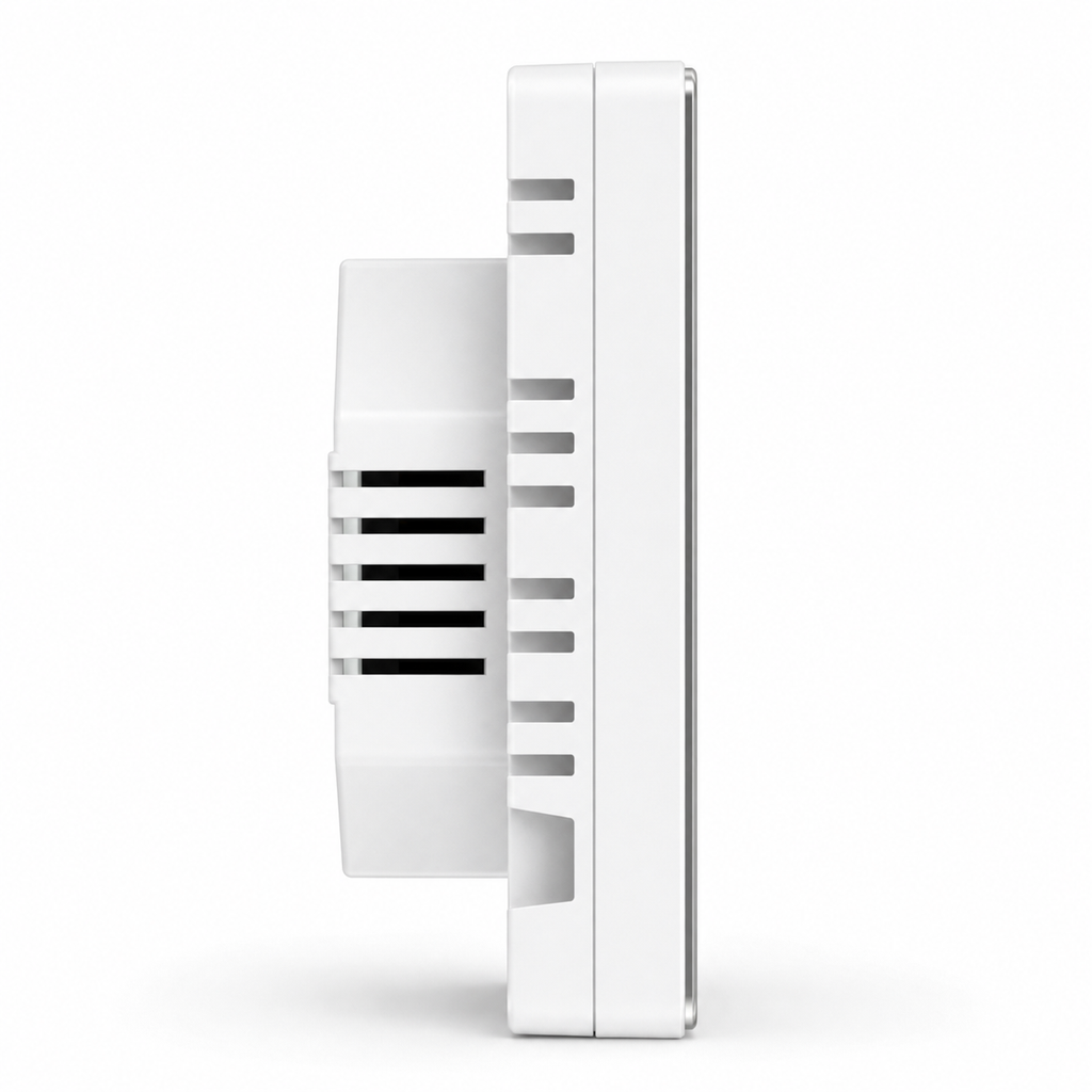Profil opposé du thermostat sans fil NéoFree Comfort blanc avec boîtier arrière.