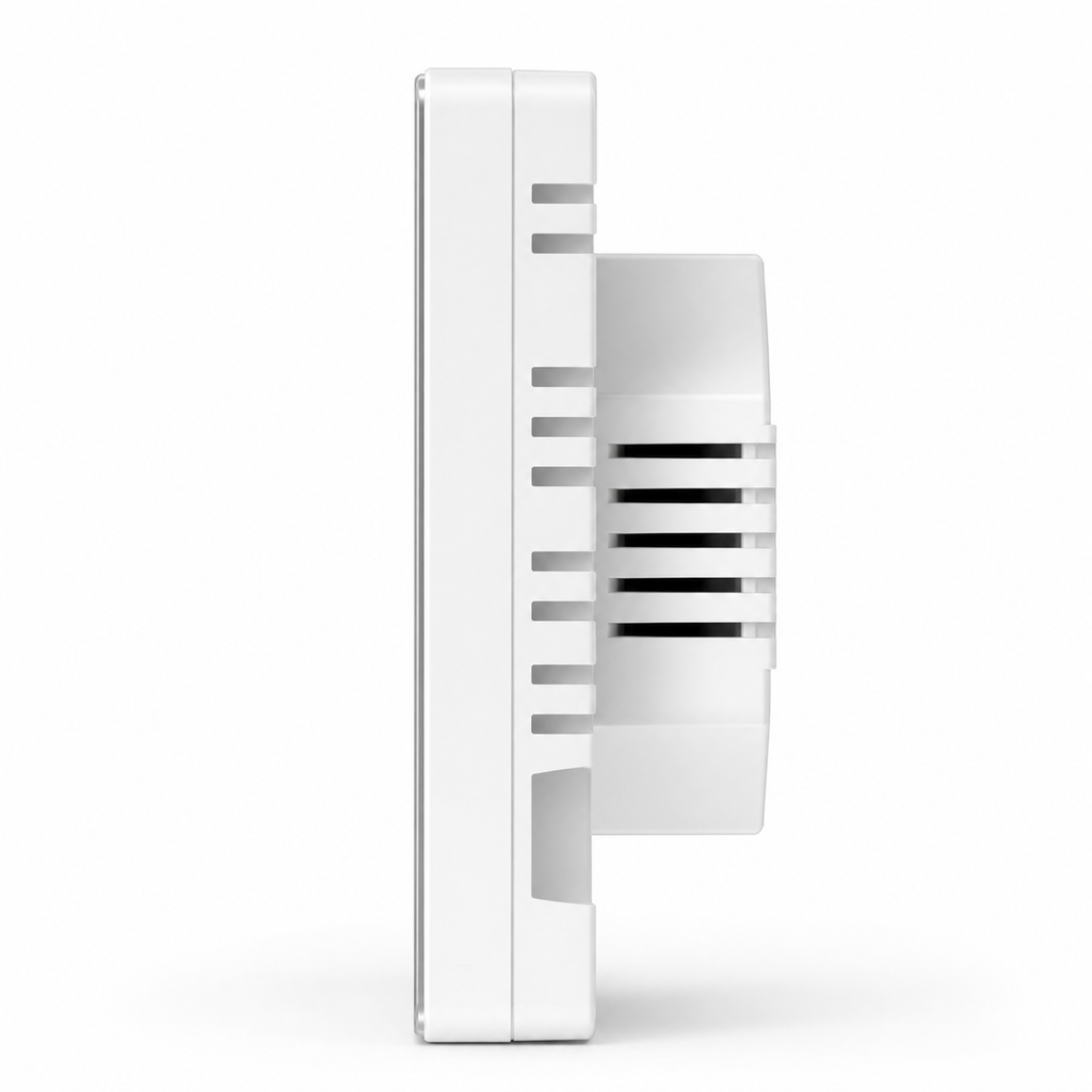 Profil latéral du thermostat sans fil NéoFree Comfort avec aérations visibles.
