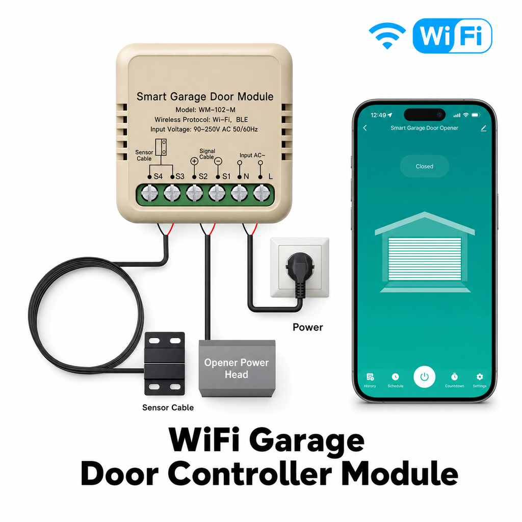 NéoGarage Mini Comfort WiFi garage door controller module with wiring diagram