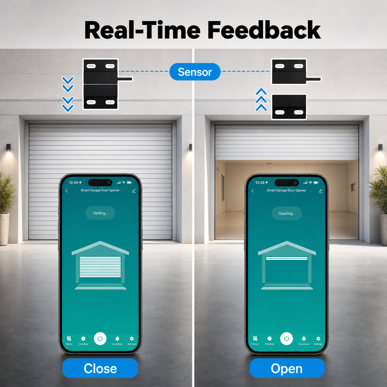 NéoGarage Mini Comfort real-time feedback with garage door sensor