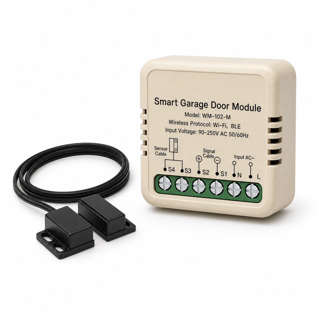 NéoGarage Mini Comfort contrôleur Wi-Fi beige avec capteur filaire noir, fond blanc