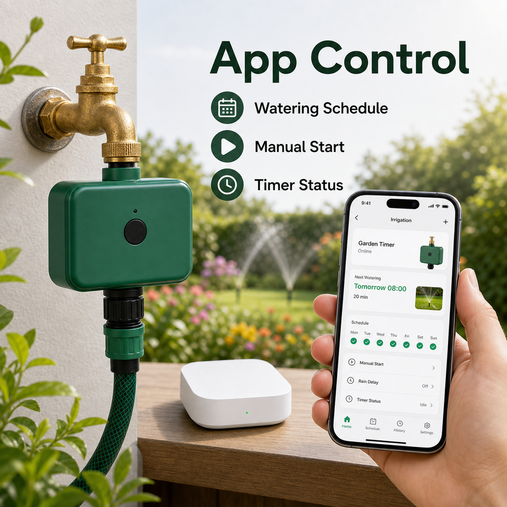 App control and watering schedule screen for smart irrigation timer