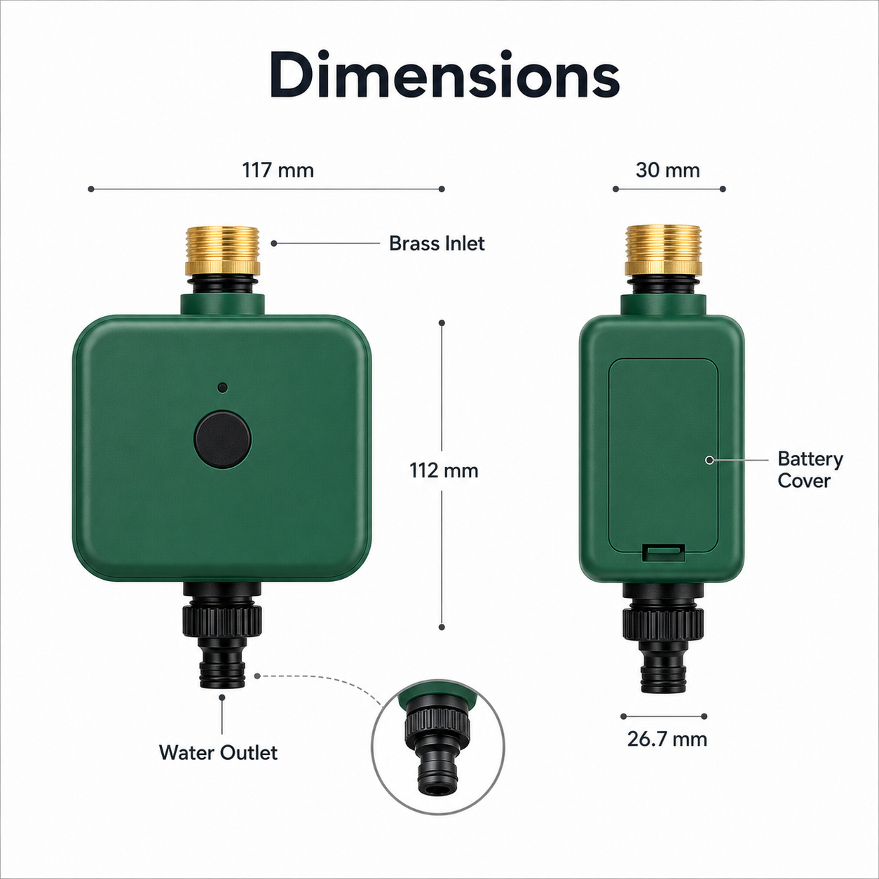 Technical dimensions of smart irrigation water timer with brass inlet