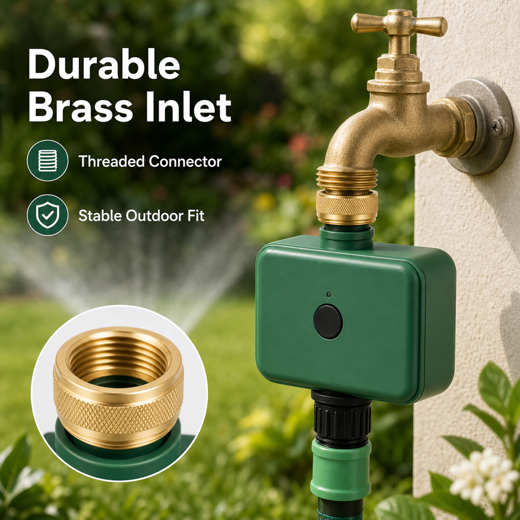 Durable brass inlet detail for smart garden water timer