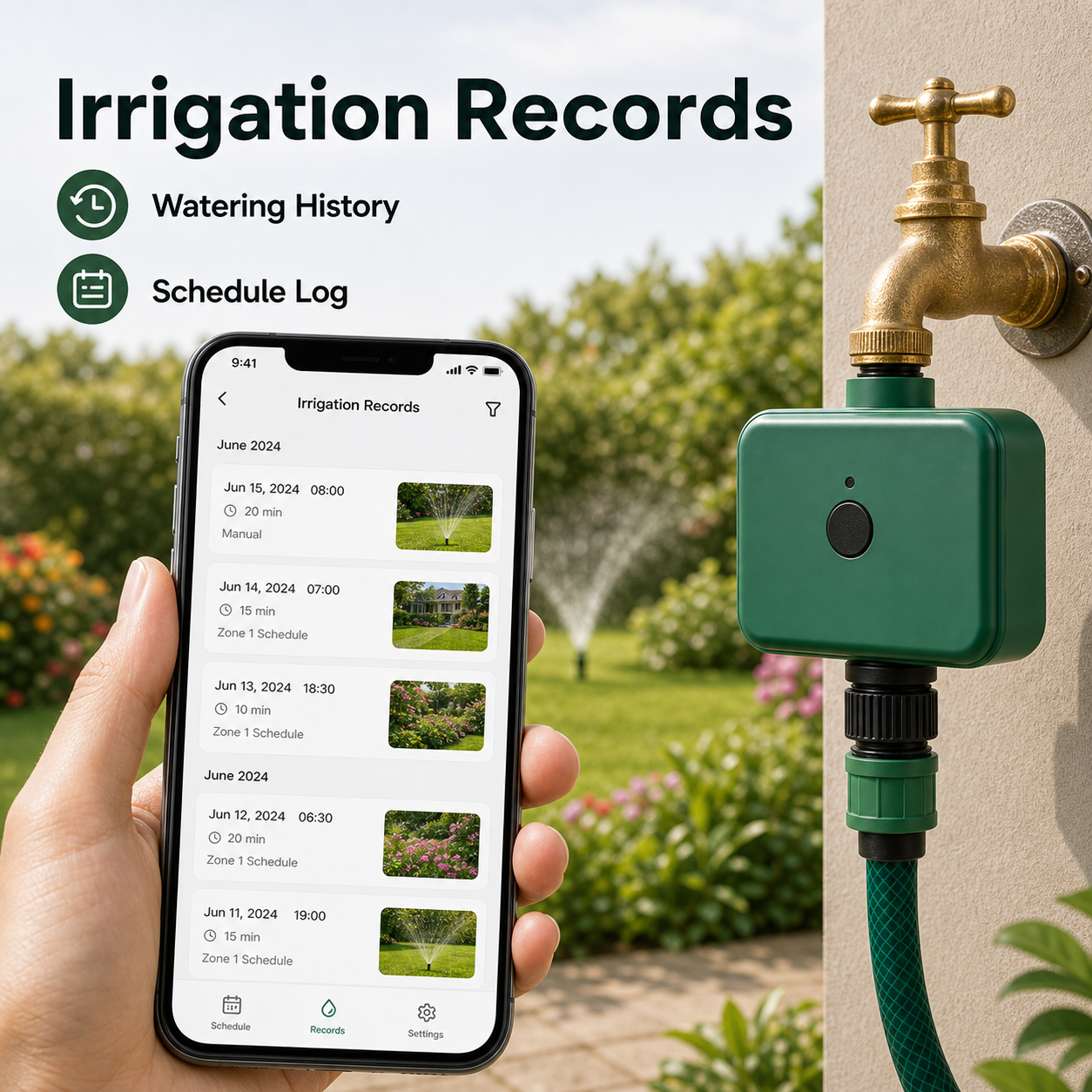 Irrigation records screen for smart garden water timer