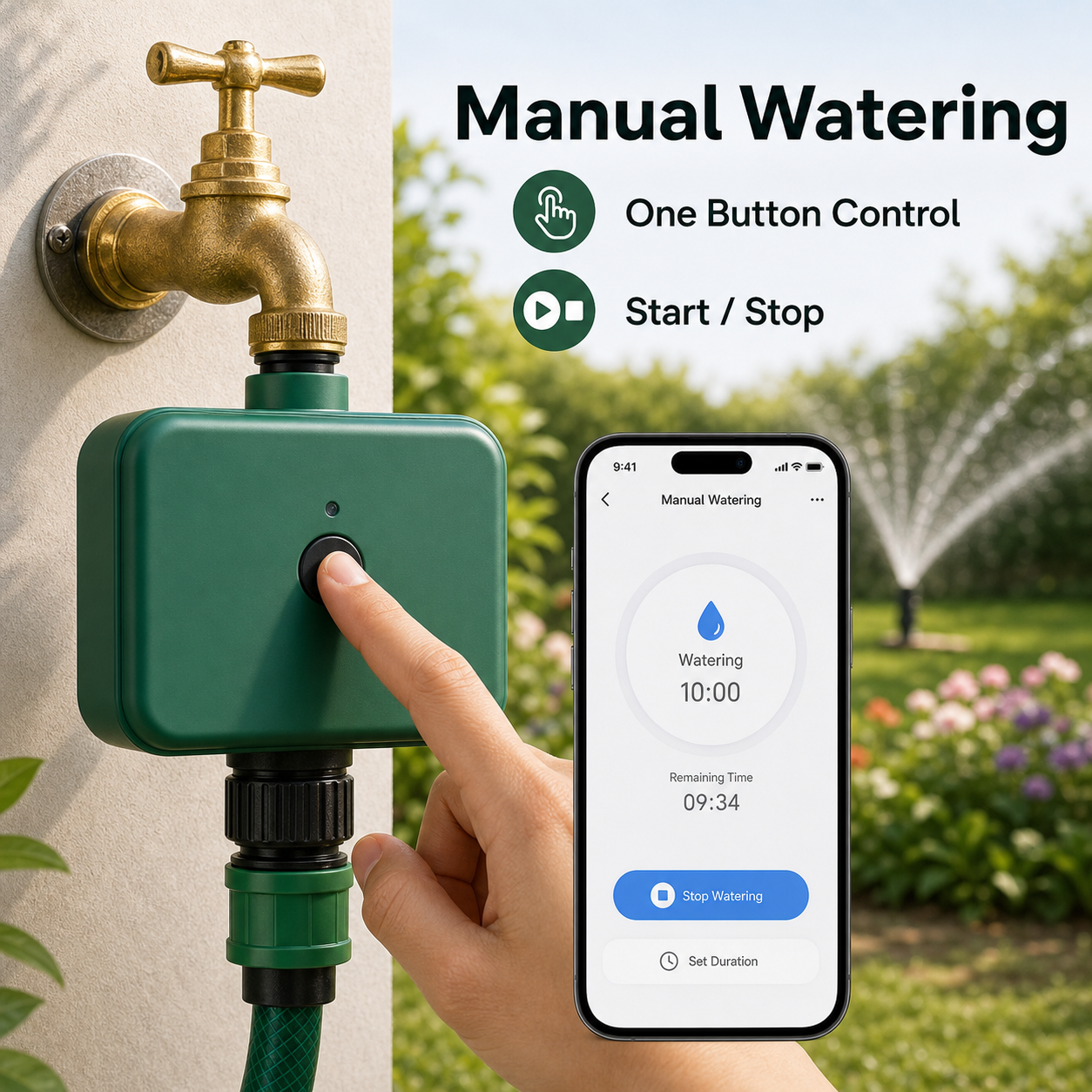 Manual watering button on smart irrigation water timer