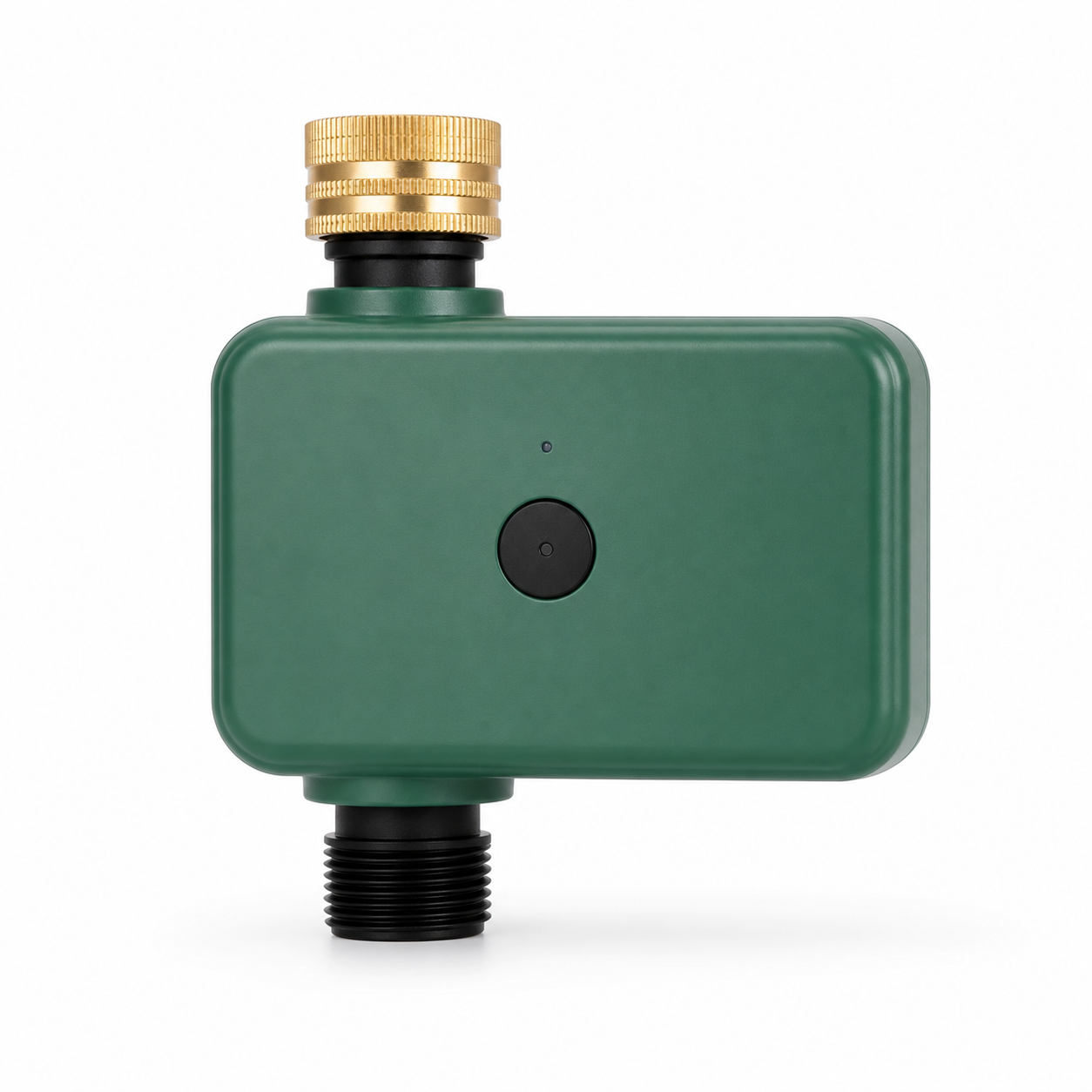 Minuterie d'arrosage ZigBee avec entrée laiton sur fond blanc studio