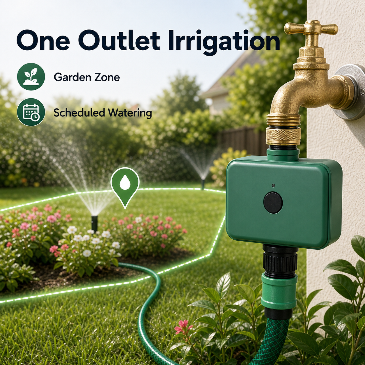 One outlet irrigation zone controlled by smart garden water timer