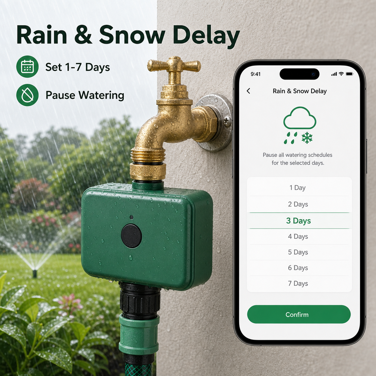 Rain delay selector in app for smart irrigation water timer