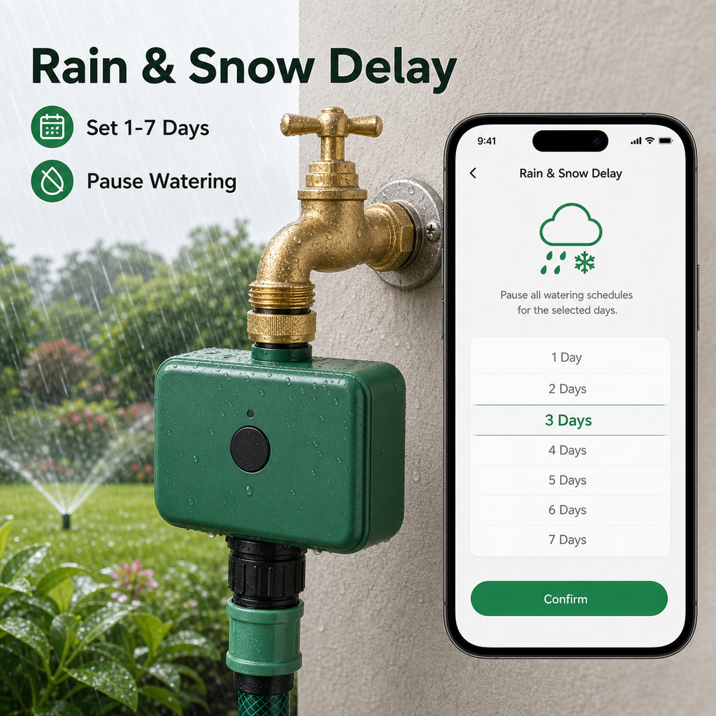 Rain and snow delay app setting for smart irrigation water timer