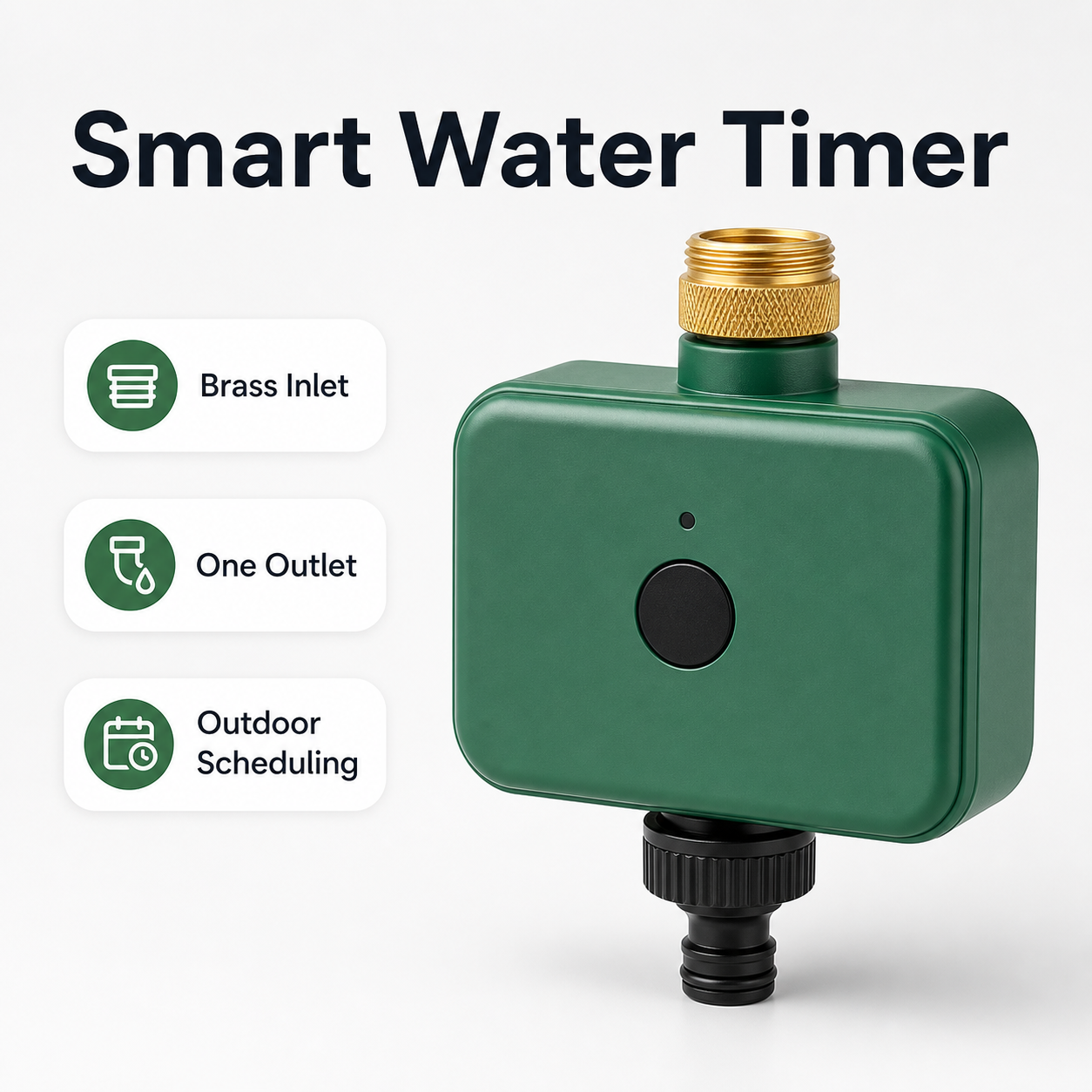 Smart water timer feature overview with brass inlet and one outlet