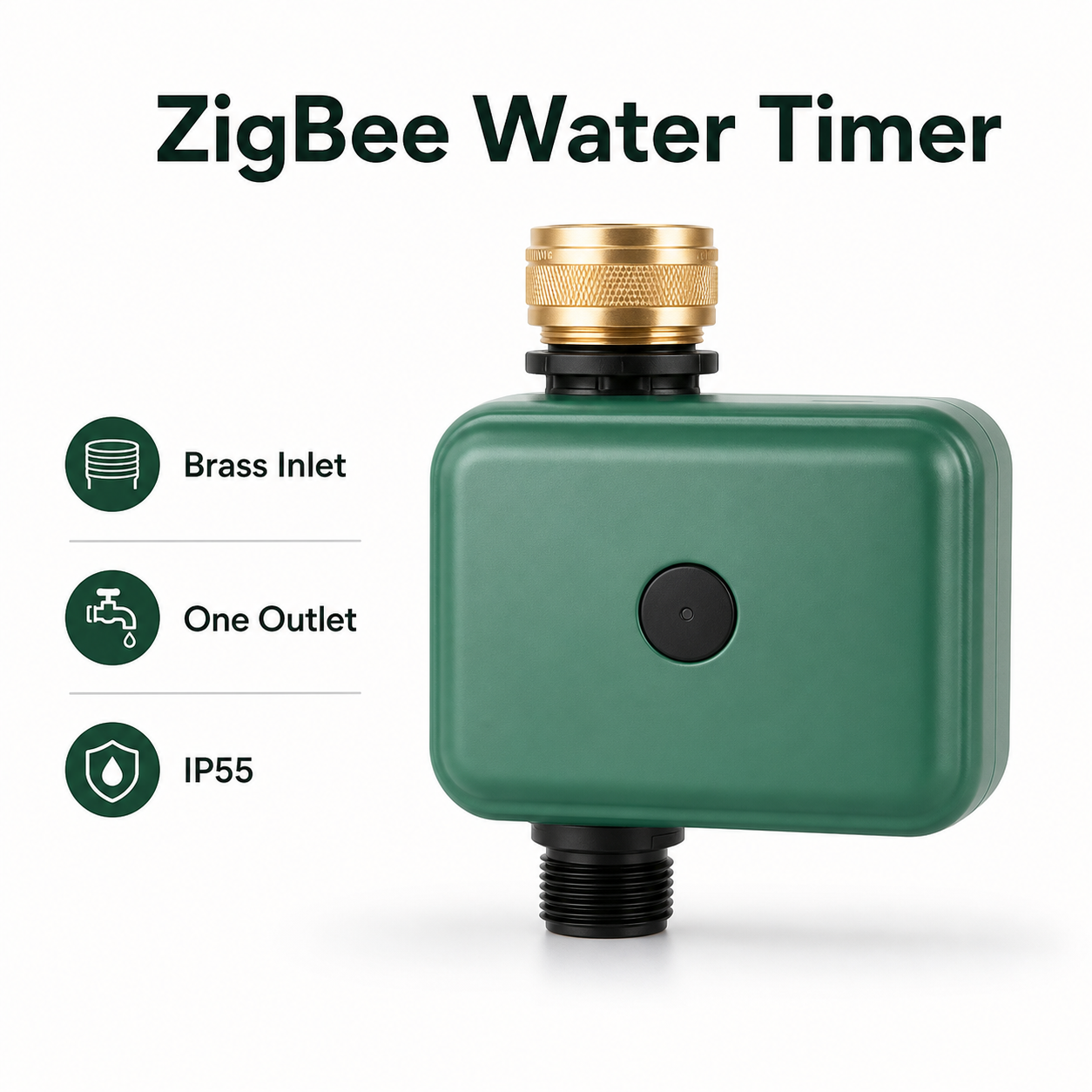 Studio packshot of ZigBee smart irrigation water timer with brass inlet