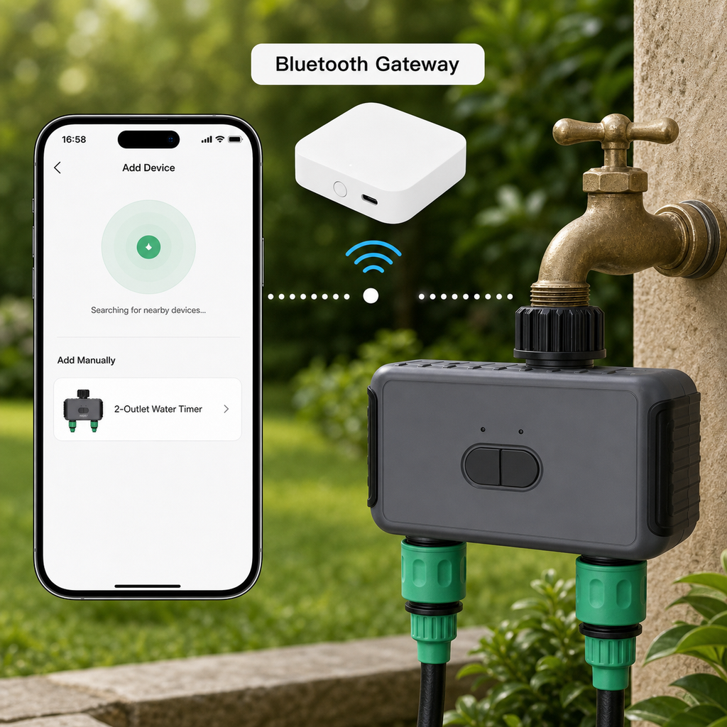 Add device screen for Bluetooth gateway and two-outlet garden water timer