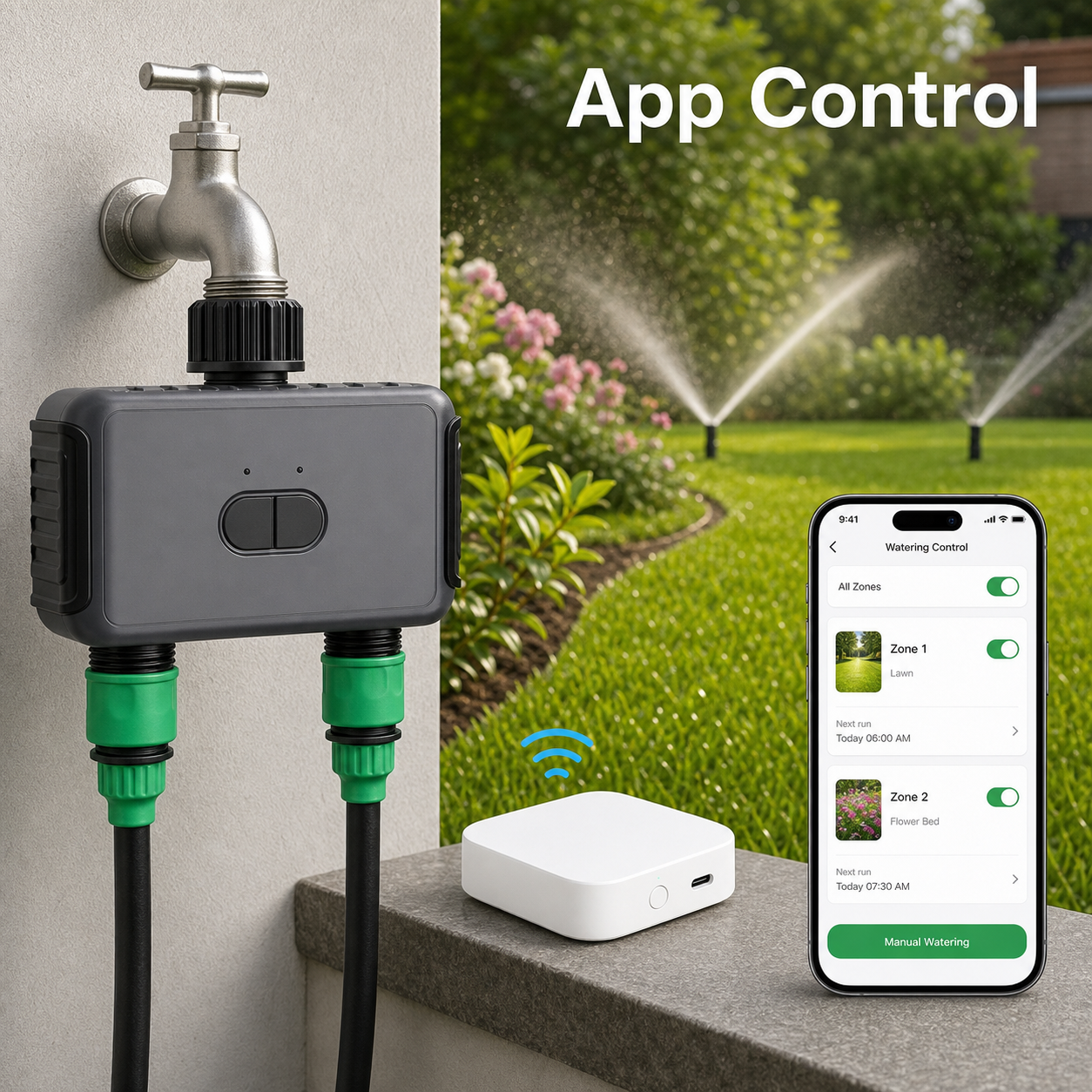 App control scene with Bluetooth gateway and two-outlet garden water timer