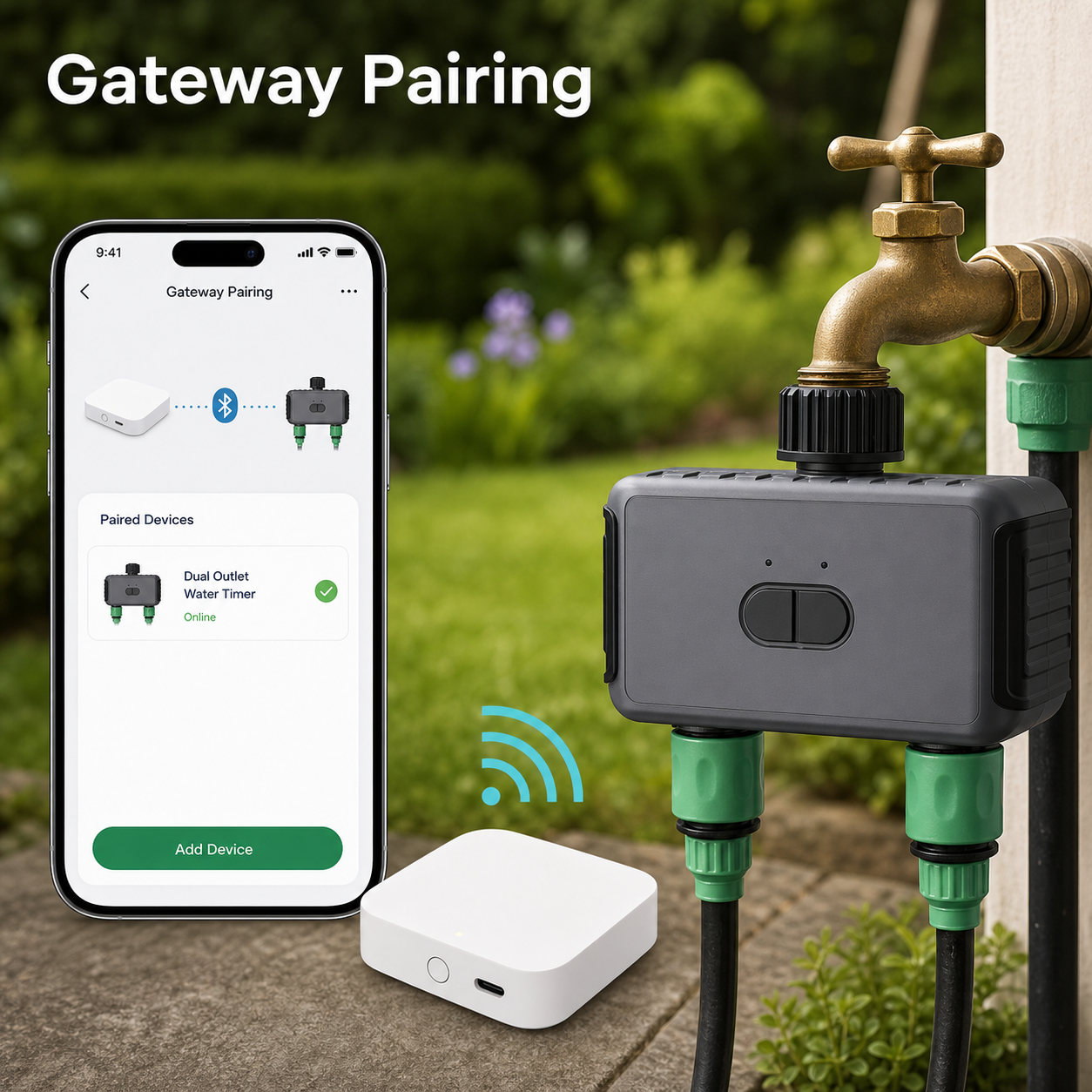 Bluetooth gateway pairing scene with two-outlet garden water timer and mobile app