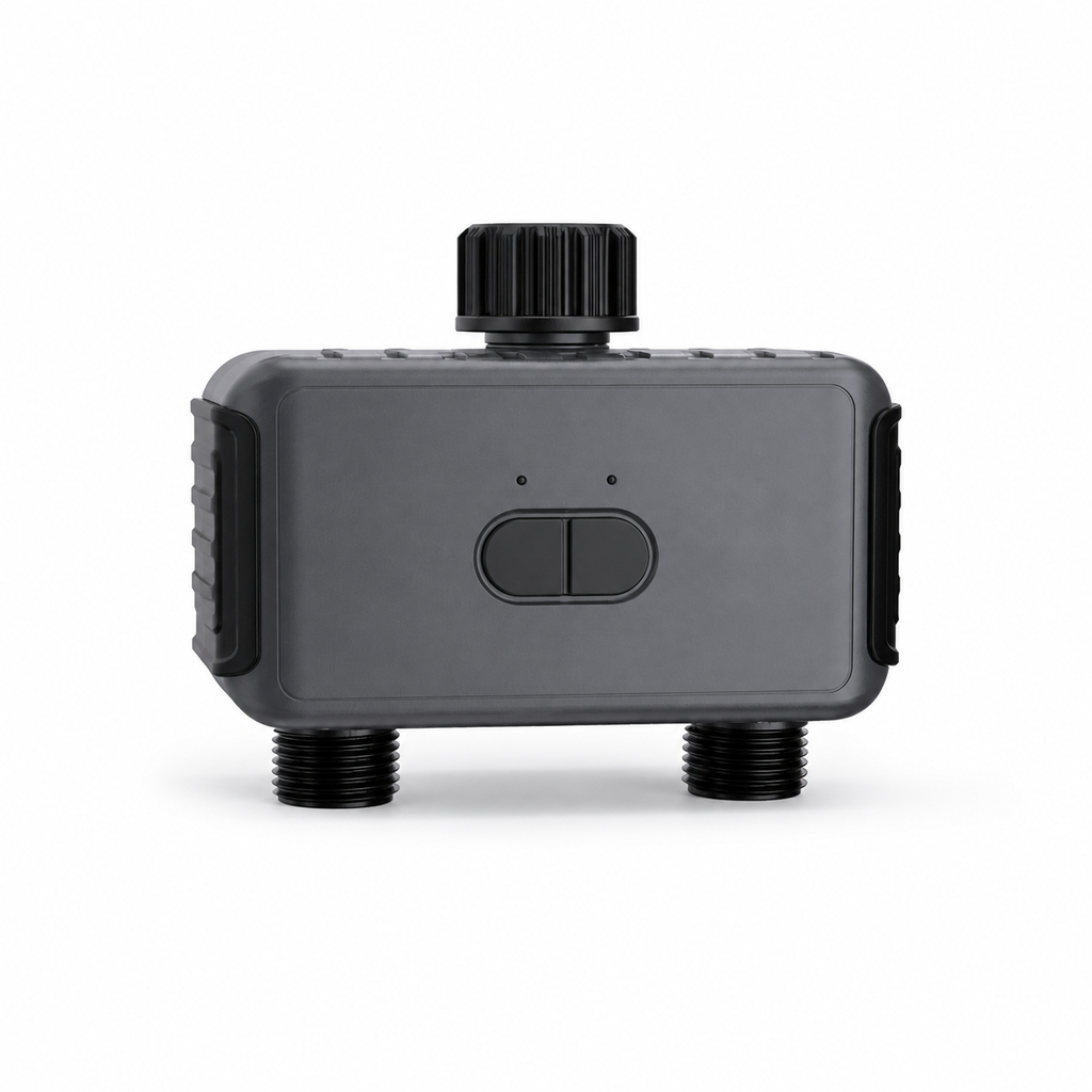 Studio packshot of unbranded two-outlet Bluetooth garden water timer