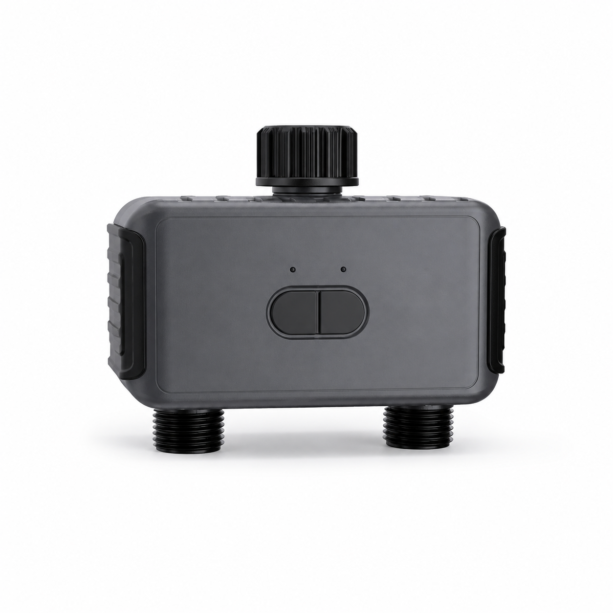 Studio packshot of unbranded two-outlet Bluetooth garden water timer