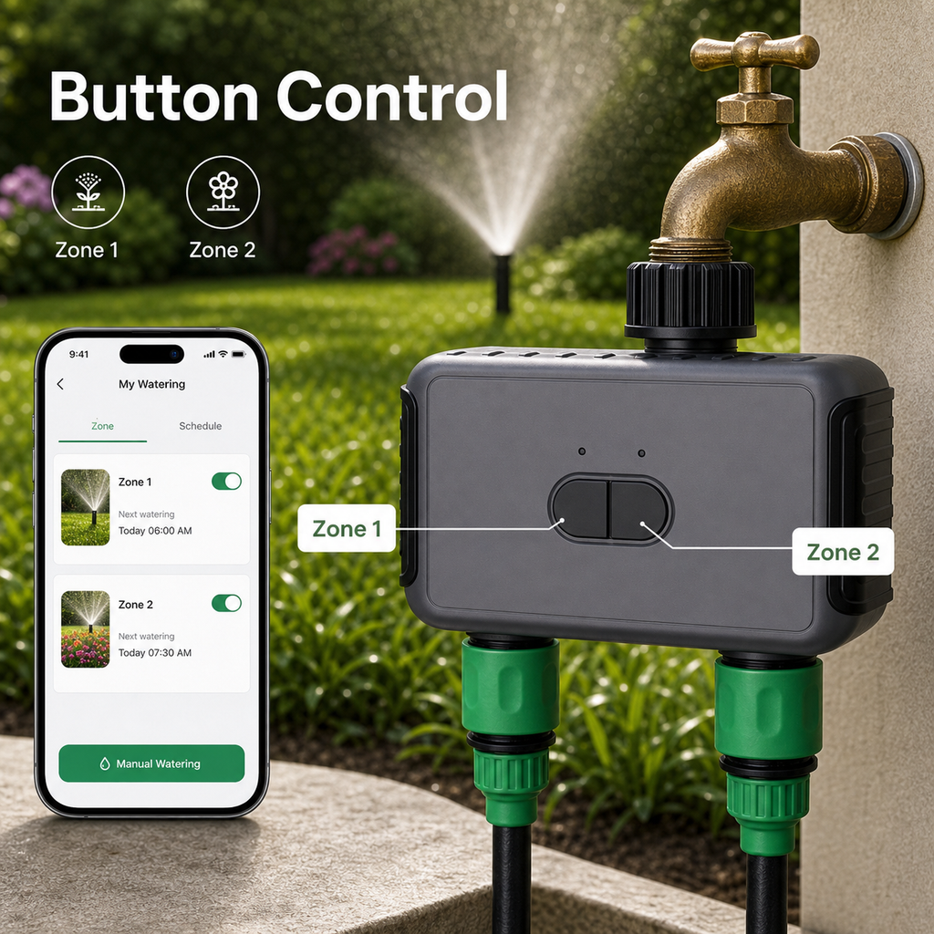 Button control callouts for zone one and zone two on garden water timer