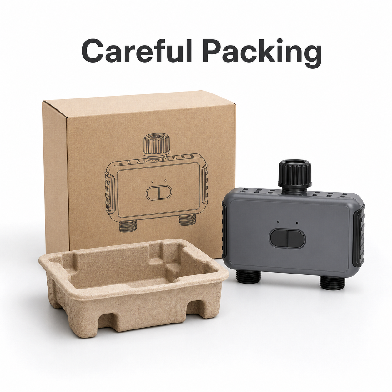 Careful packing visual for two-outlet garden water timer and plain box