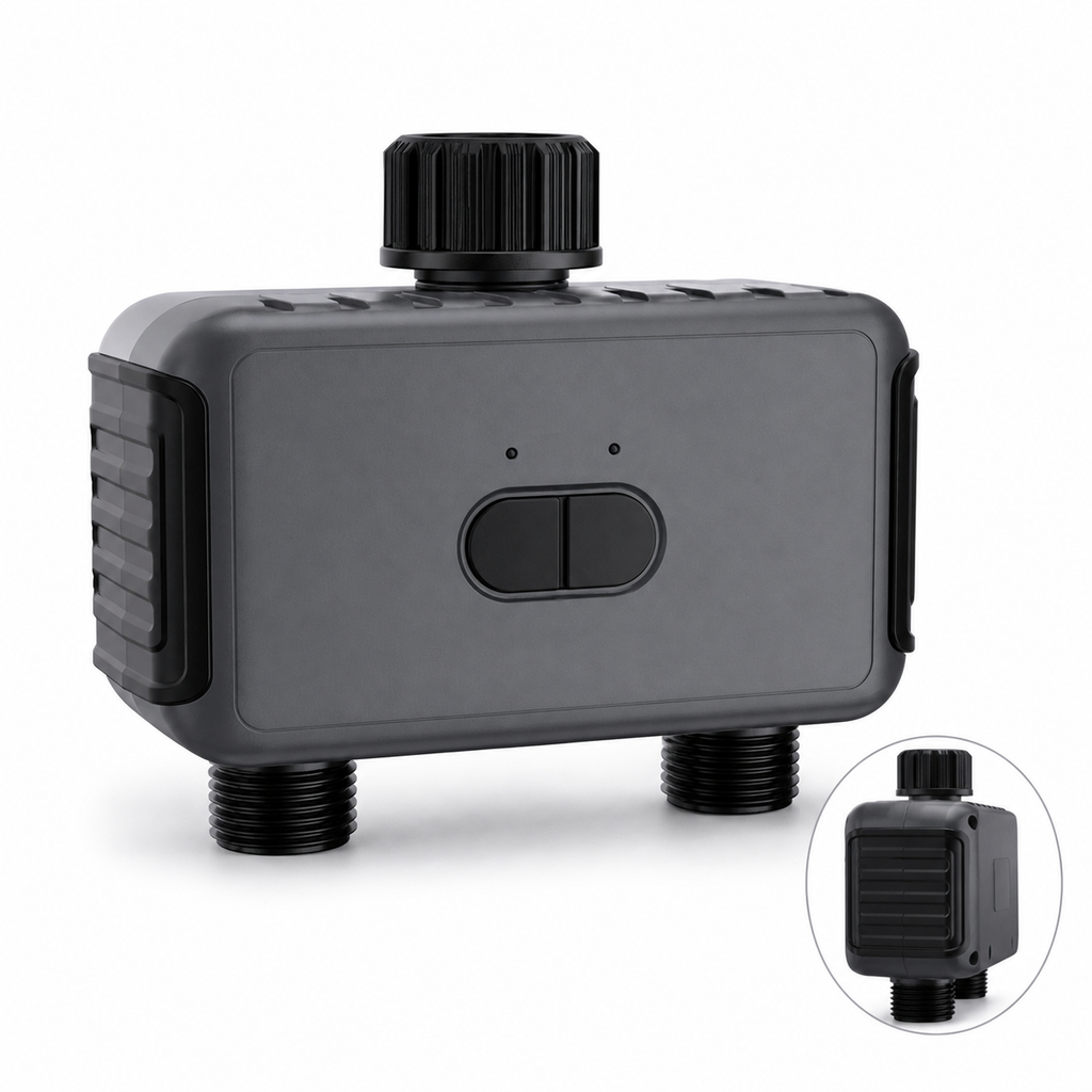 Compact product view of two-outlet Bluetooth garden water timer