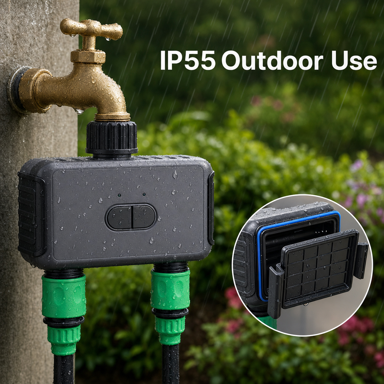 IP55 outdoor use image of two-outlet garden water timer installed on a tap
