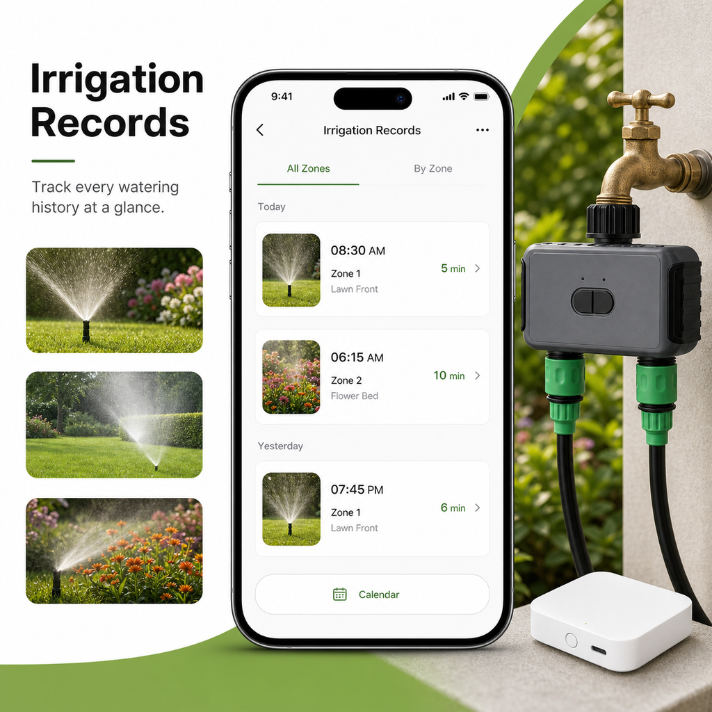 Irrigation records screen for two-outlet garden water timer mobile app