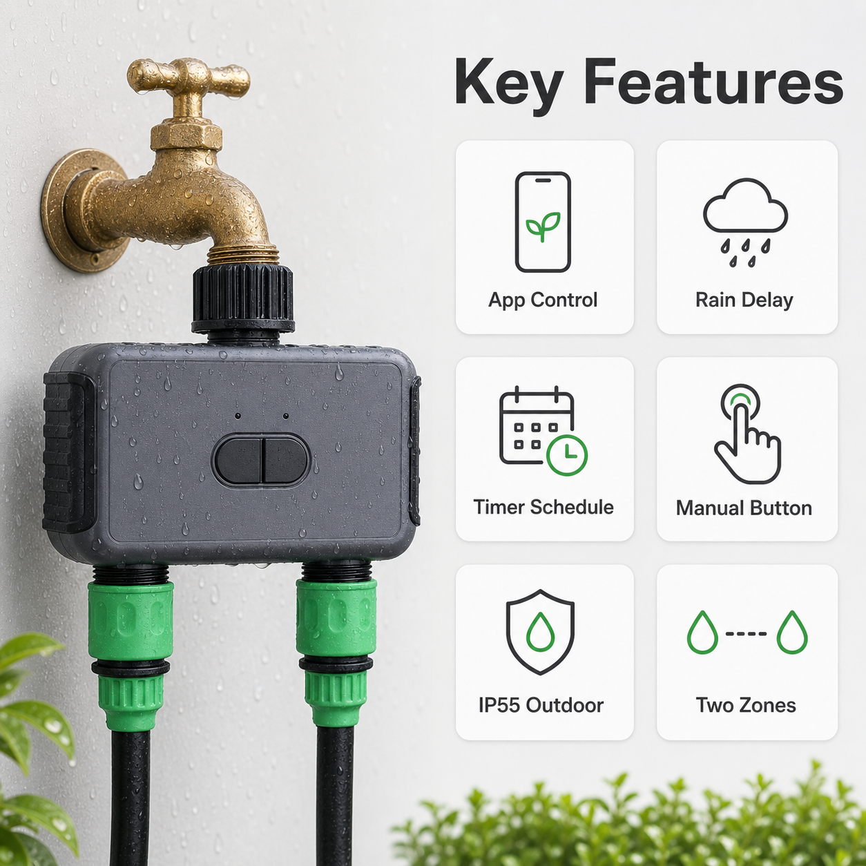 Key features overview for two-outlet Bluetooth garden water timer