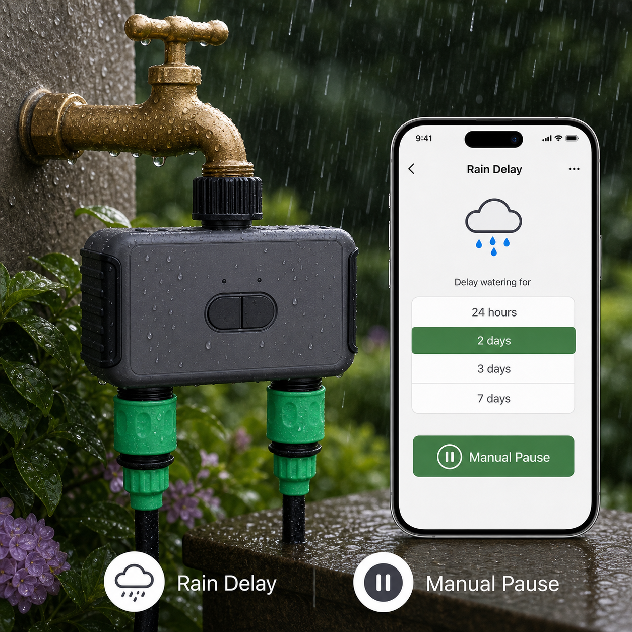 Manual rain delay control for outdoor two-outlet garden water timer
