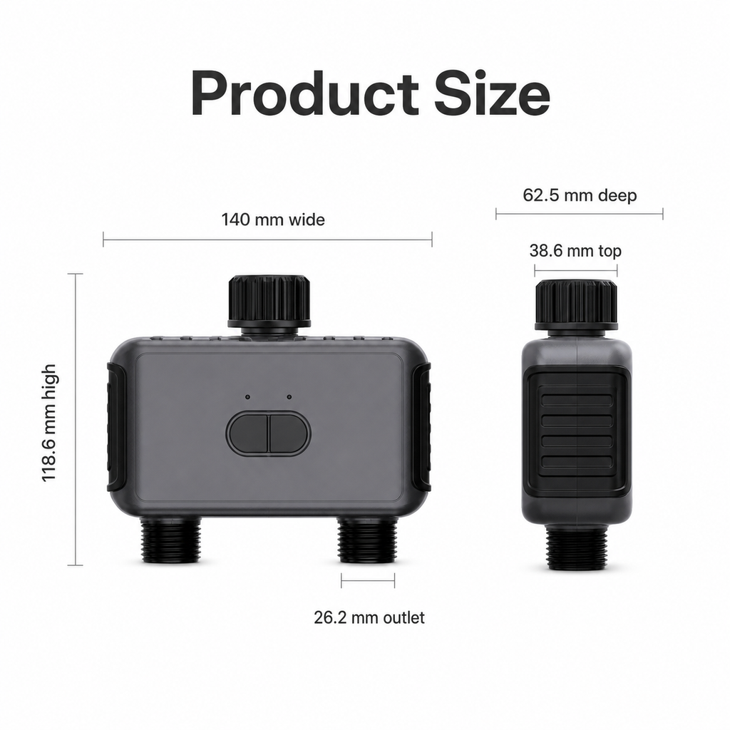 Product size diagram with front and side views of garden water timer
