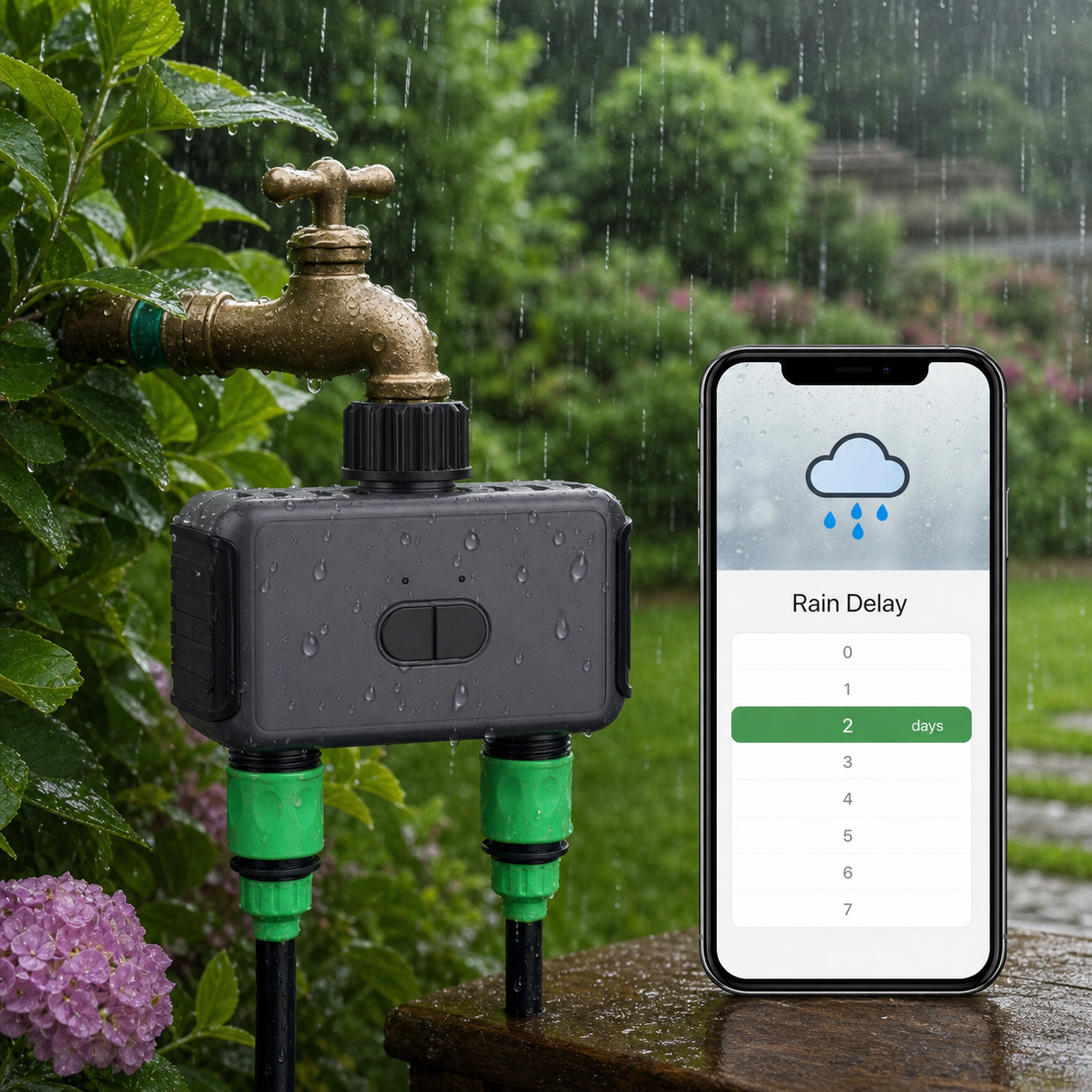 Rain delay mobile app screen for two-outlet garden water timer