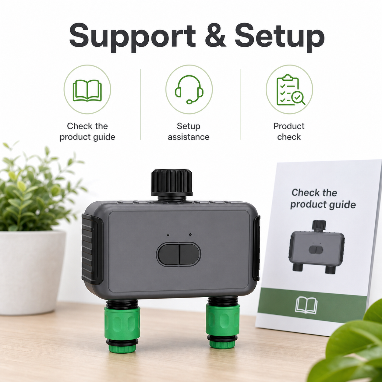 Support and setup guide visual for two-outlet garden water timer