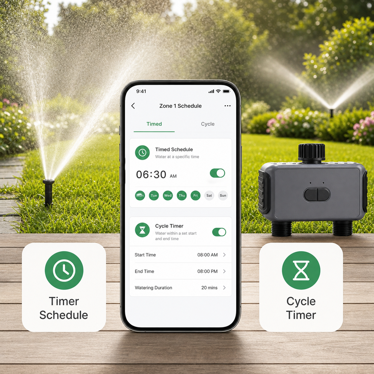 Mobile app schedule interface for garden water timer with timer and cycle modes
