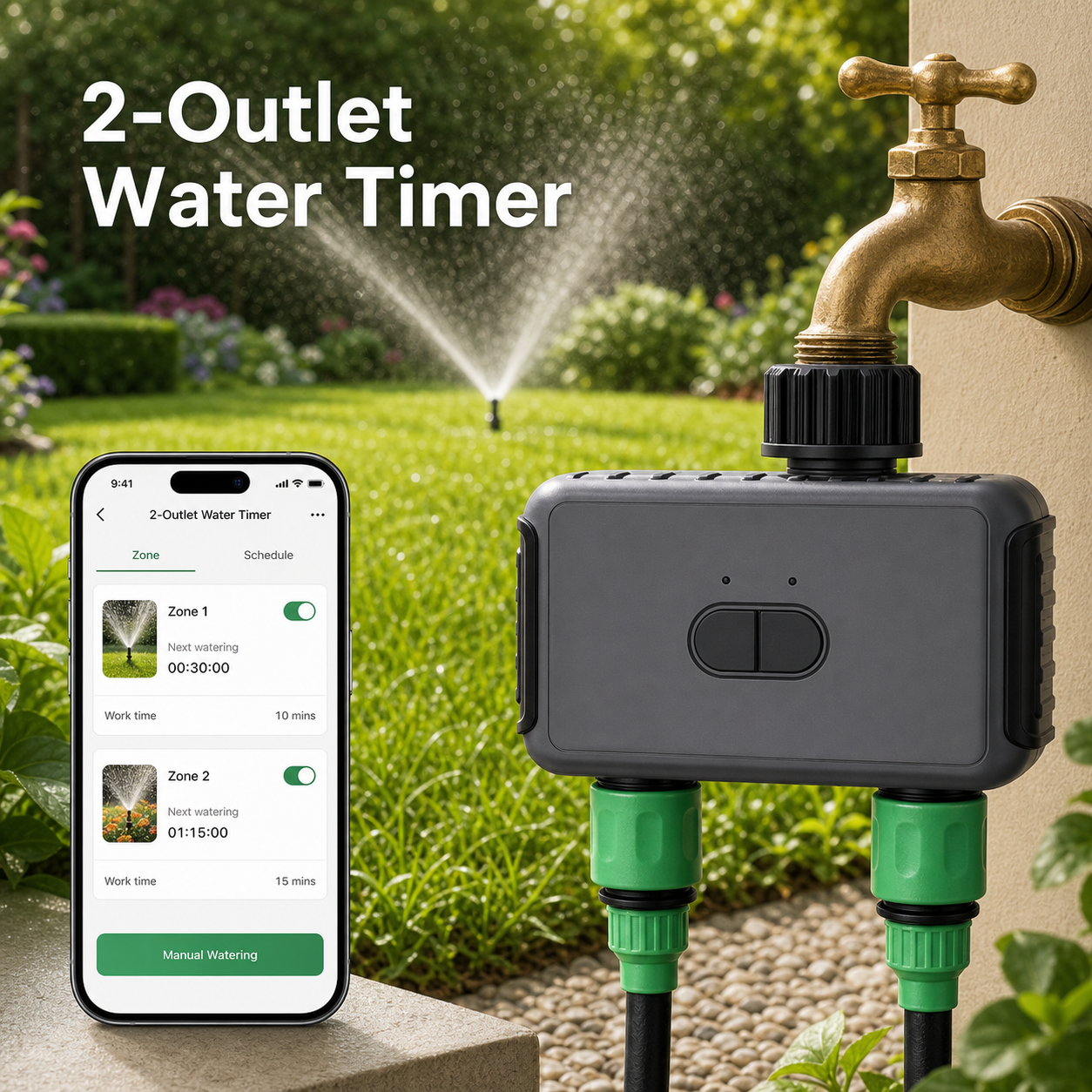 Lifestyle image of two-outlet garden water timer with lawn irrigation and mobile app