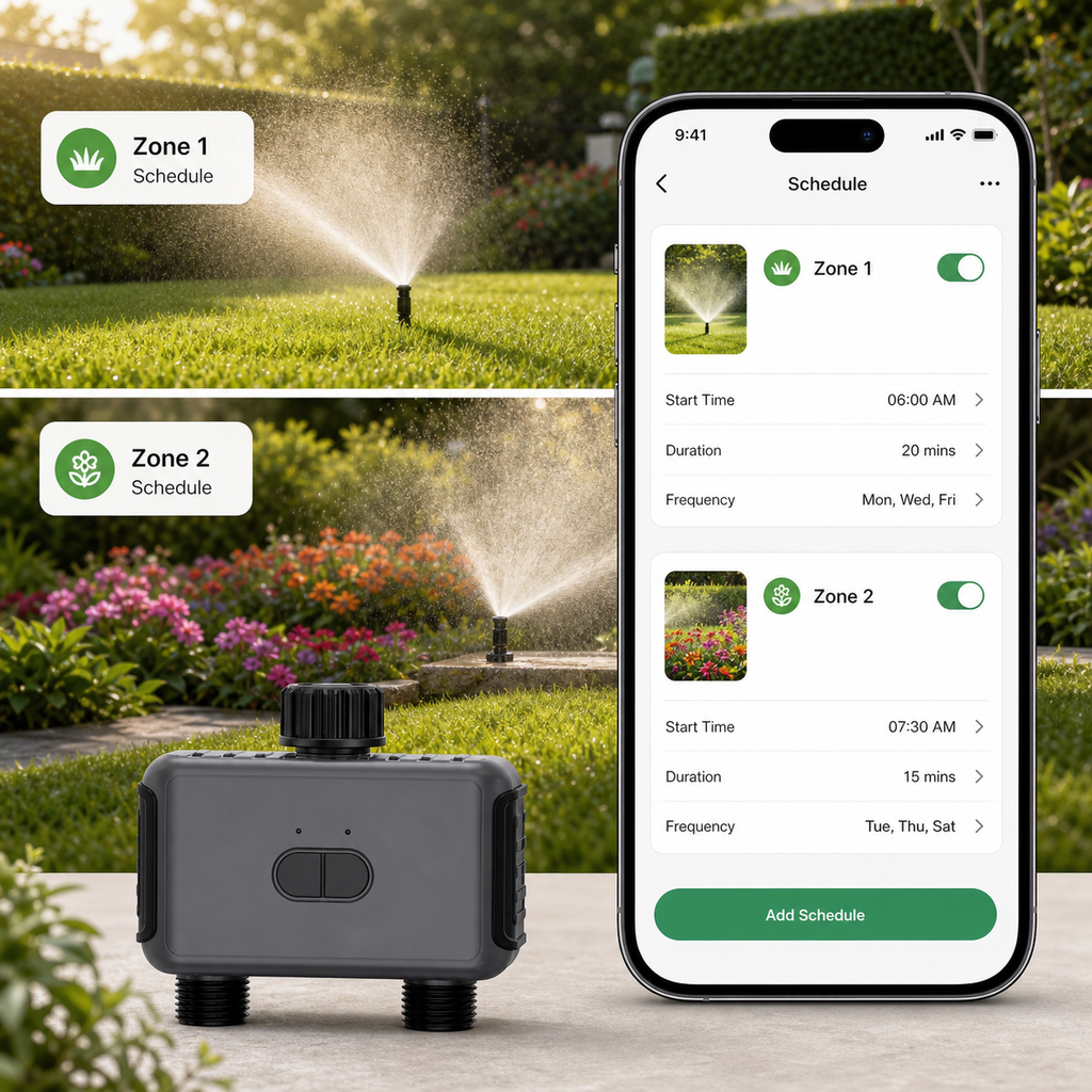 Two-zone watering schedule app screen for garden irrigation timer
