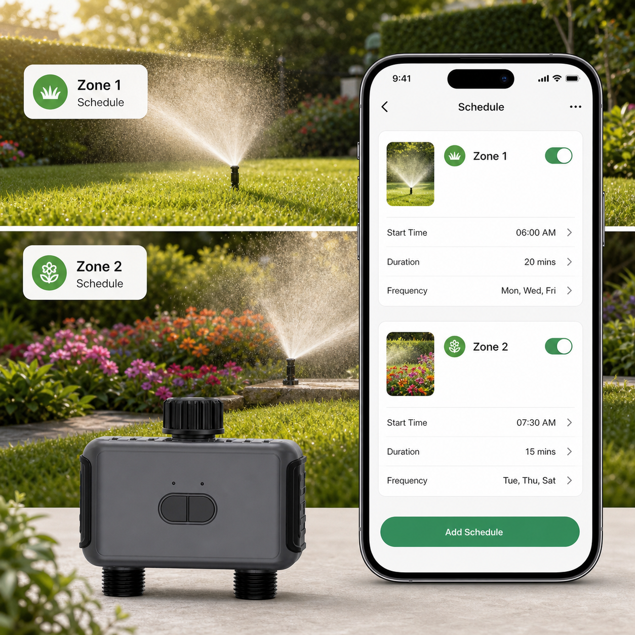 Two-zone watering schedule app screen for garden irrigation timer